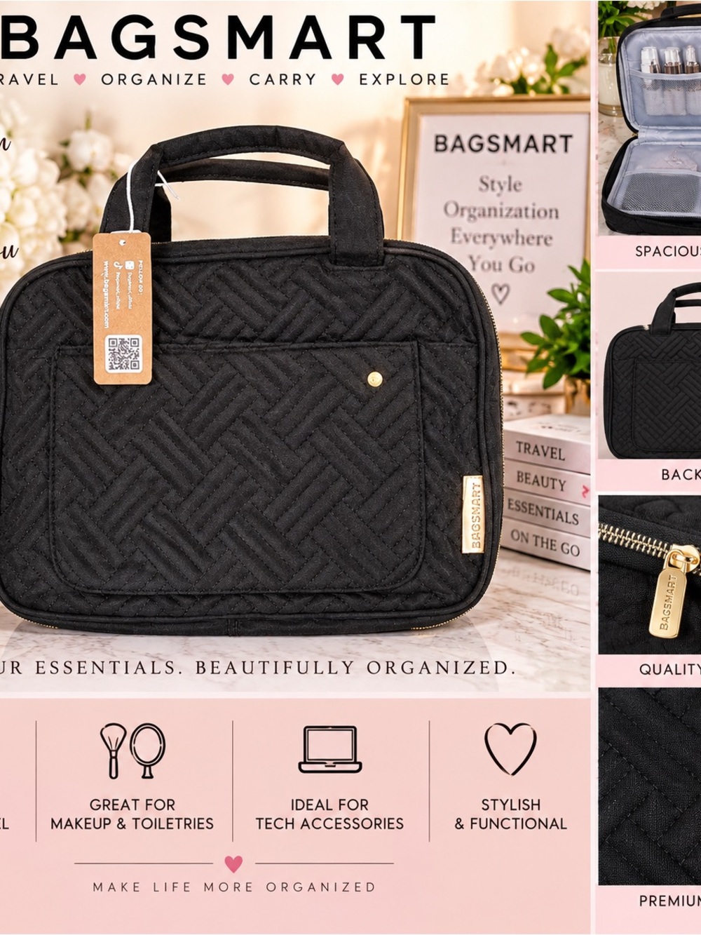 BAGSMART Black Quilted Travel Cosmetic & Tech Organizer